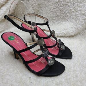 Kate Spade Black‎ Satin Chunky Rhinestone Embellished Strappy Heeled Sandals